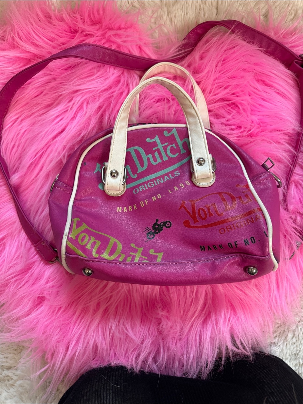 Von Dutch Hot Pink Dome Crossbody with Cream Handles